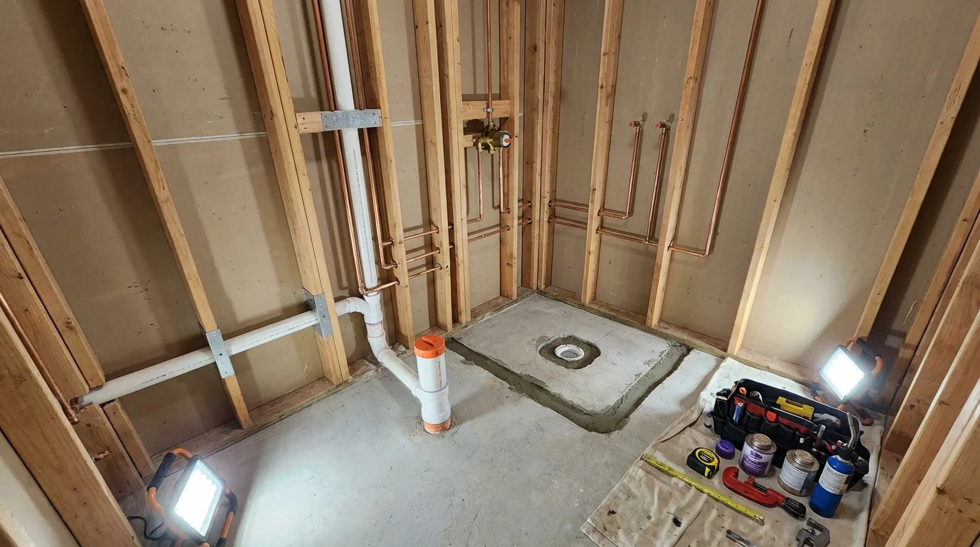 Bathroom rough-in plumbing during remodel by Johns Plumbing LLC in Higginsville