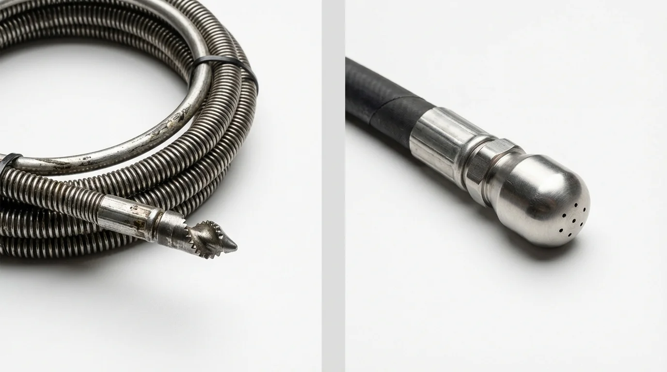 Drain snake cable and hydro jetting nozzle used for drain cleaning in Higginsville, MO