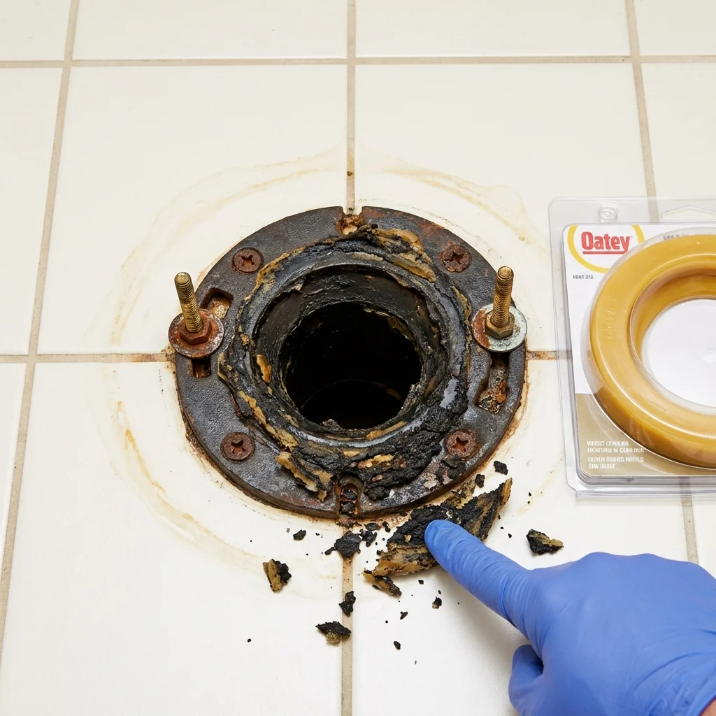 Failed wax ring showing water seepage at the base of a toilet in a Higginsville, MO home