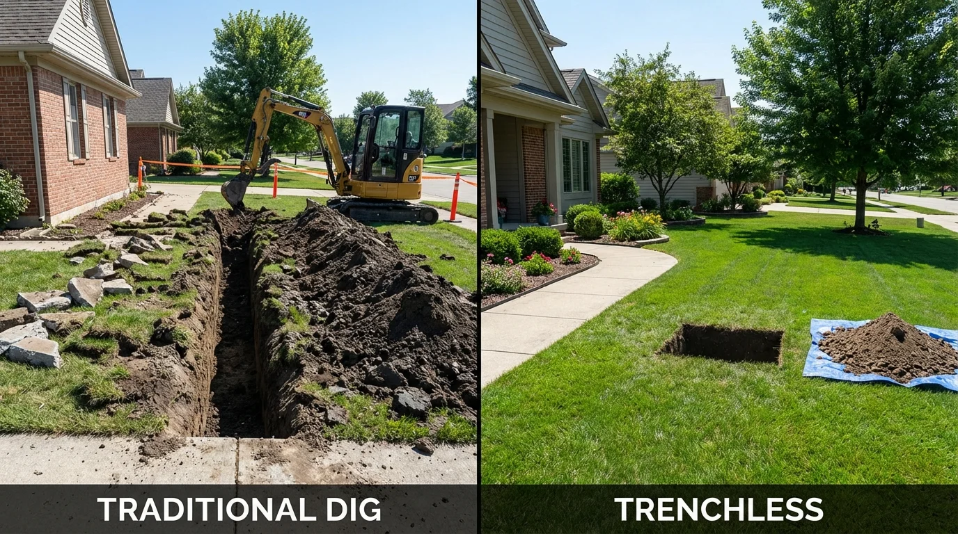 Trenchless sewer repair with minimal yard damage versus traditional excavation in Higginsville, MO